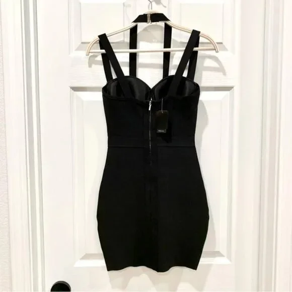 🖤 Bebe Black White Colorblock Strappy Halter Bustier Bodycon Bandage Mini Dress - Picture 5 of 12